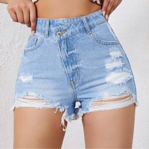 Women's Light Blue Distressed Denim Shorts